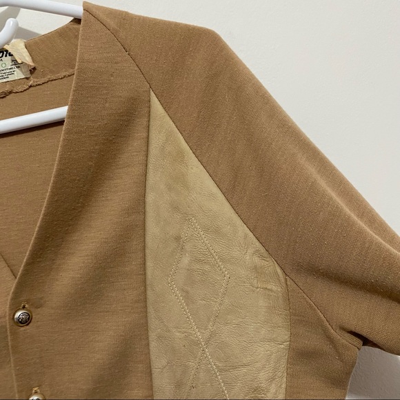 Vintage 70s Suede Knit Cardigan Sweater Patchwork Detail Camel Tan V-Neck M/L - Picture 13 of 15